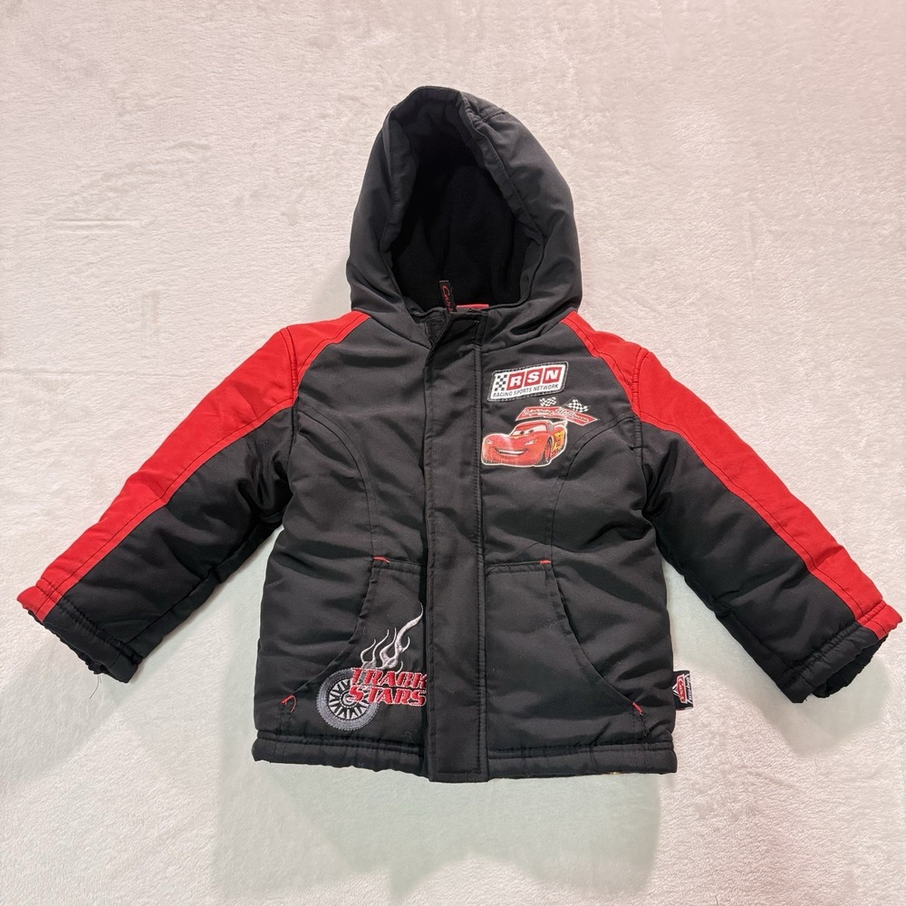 Disney Pixar Cars Lightning McQueen Puffer Jacket Coat Boys Size 2 Hooded Gray